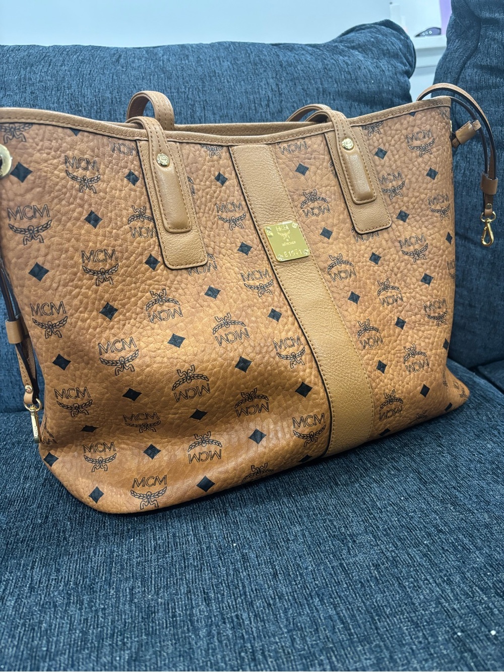 MCM Cognac Visetos Monogram Tote with Gold Plaque